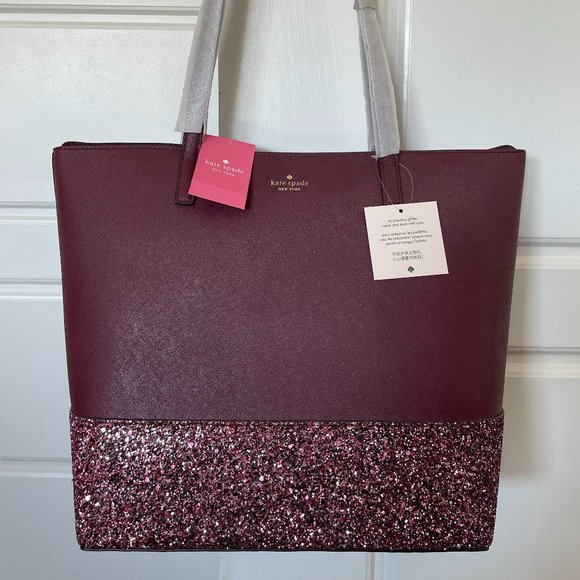 Kate Spade Penny Greta Court Glitter Tote Cherrywood Shoulder Bag - Picture 2 of 8